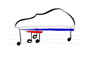 Simple illustration of a piano with musical notes in a row.