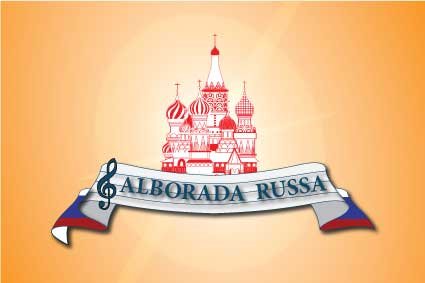 Logo de la Alborada Rusa con catedral de Moscú y banda tricolor.