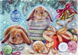 Decoración navideña con conejitos, regalos y adornos festivos.